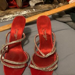 Ragazza Women’s Rhinestone Straps Red Stiletto High Heels Leather Size 7B
